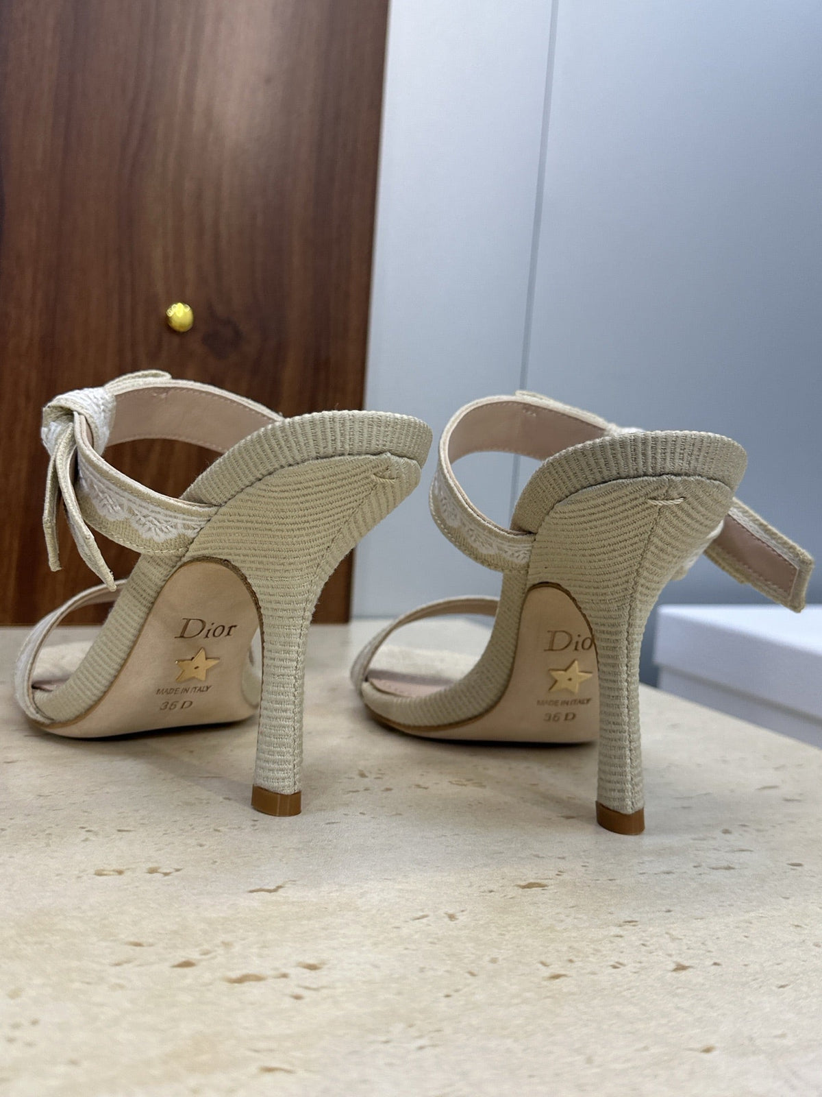 CD 26s Heeled Sandal 10cm Light Taupe Beige Leather Fabric 633068