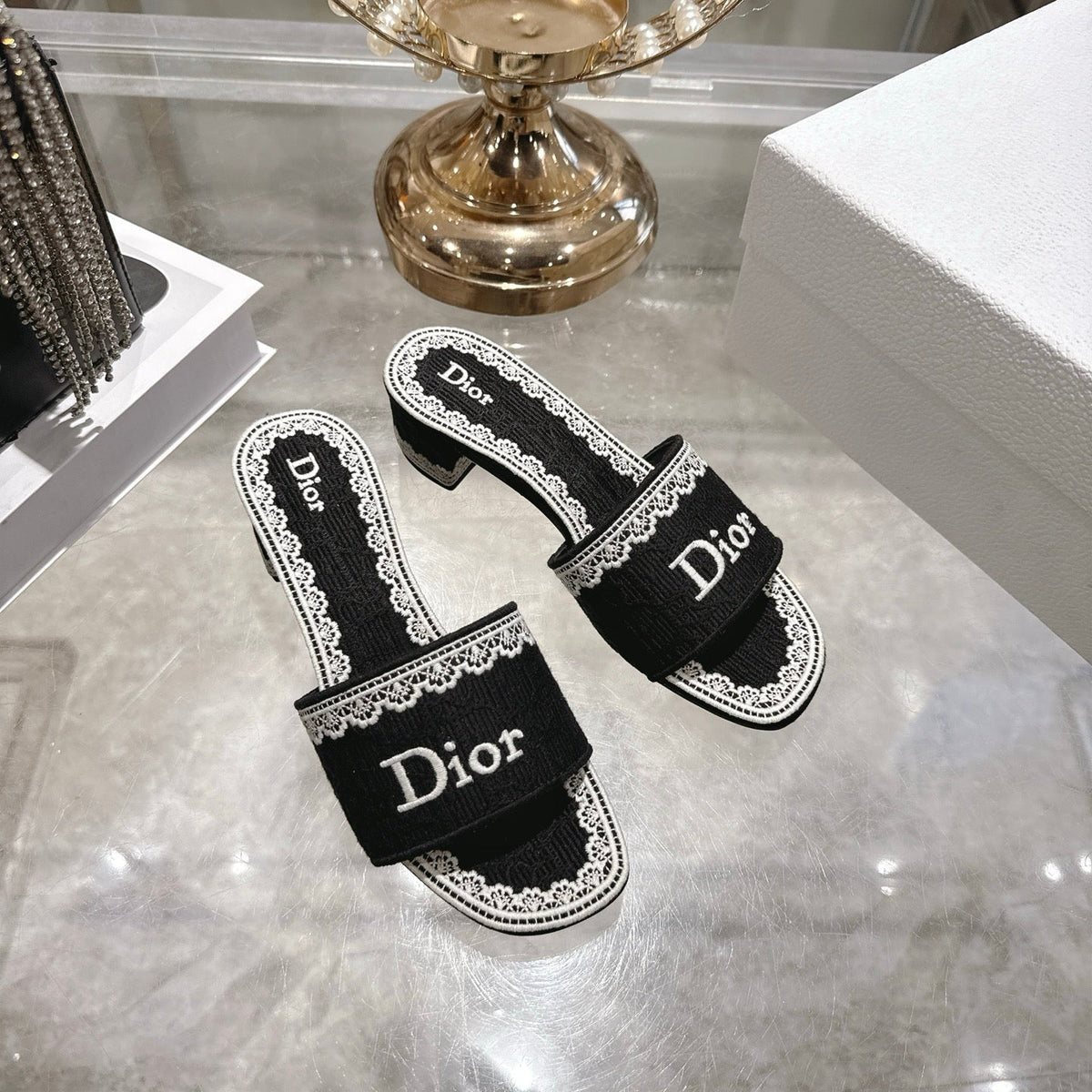 CD 26 Embroidered Sandals 45mm Black White Canvas 592240