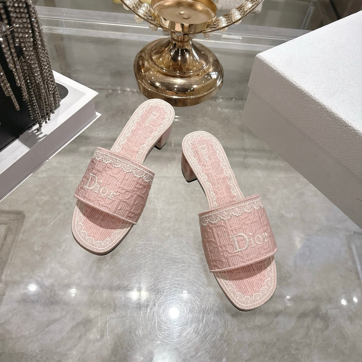 CD 26 Embroidered Sandals 45mm Pink White Canvas 592241