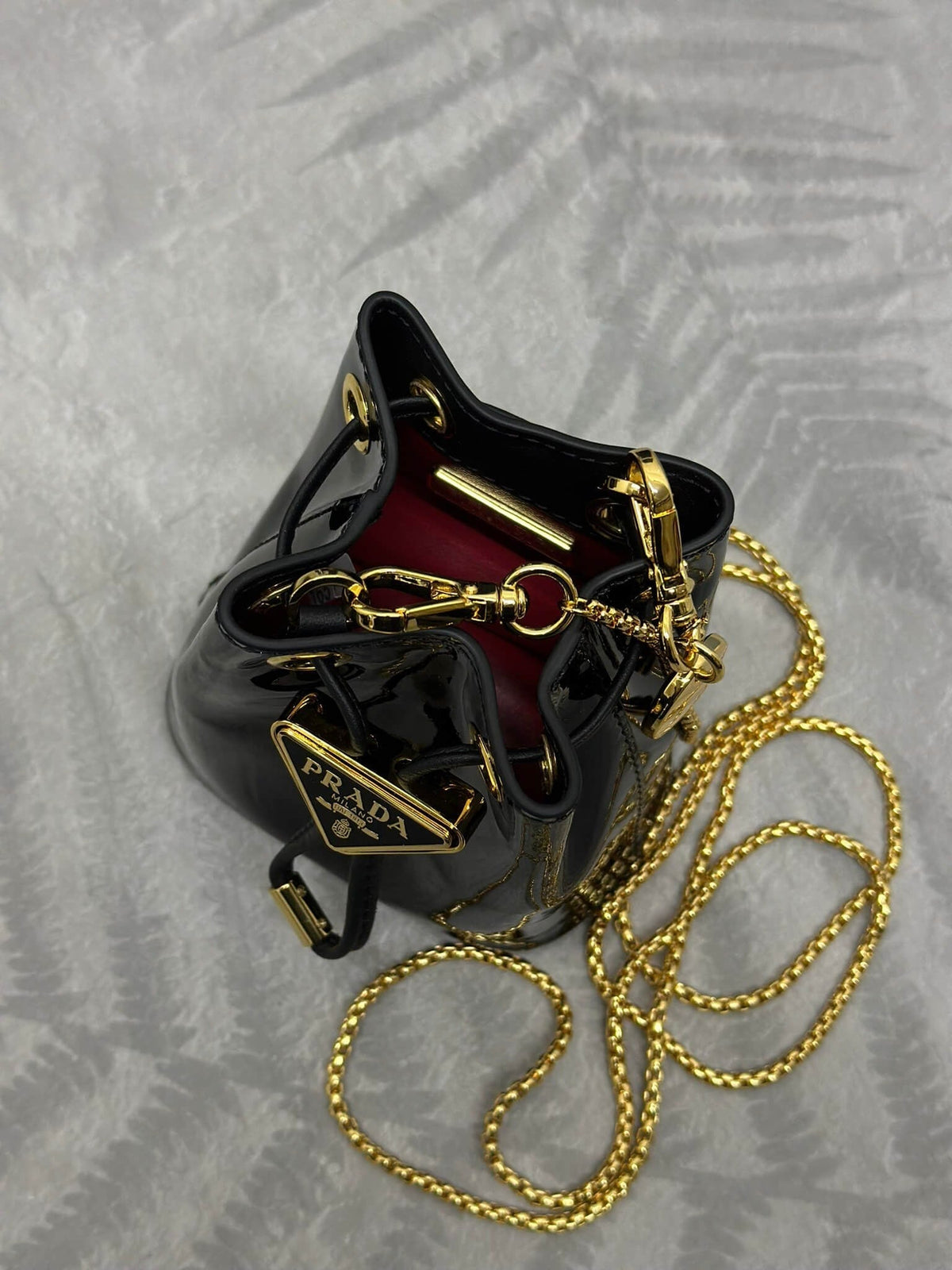 Prada Logo-Plaque Mini Bag Black Patent Leather GHW