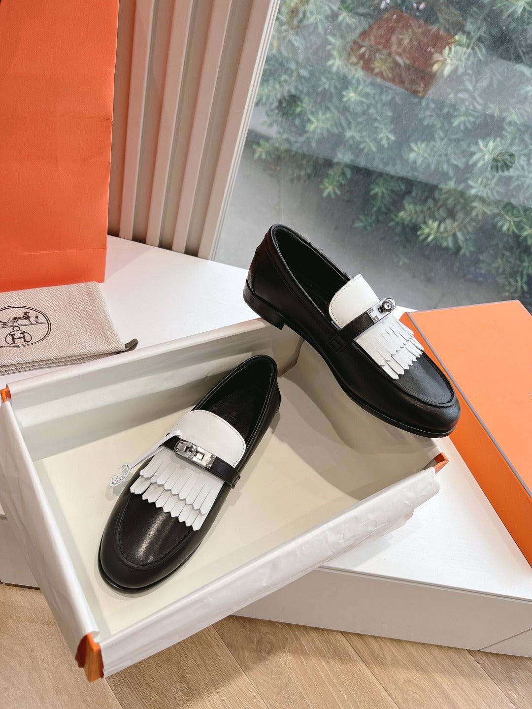 Destin Loafer Black Goatskin with White Fringe Detail